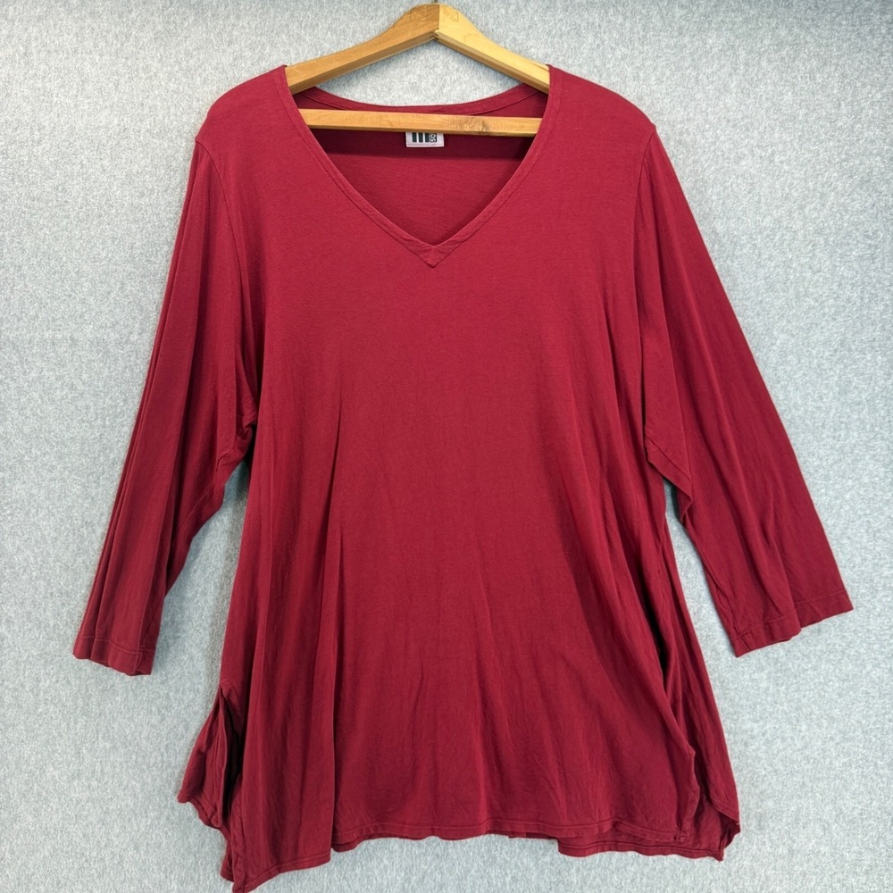 M‎ Square Womens One Size Fits All Red V-Neck Blouse Top 3/4 Sleeve Cotton Shirt